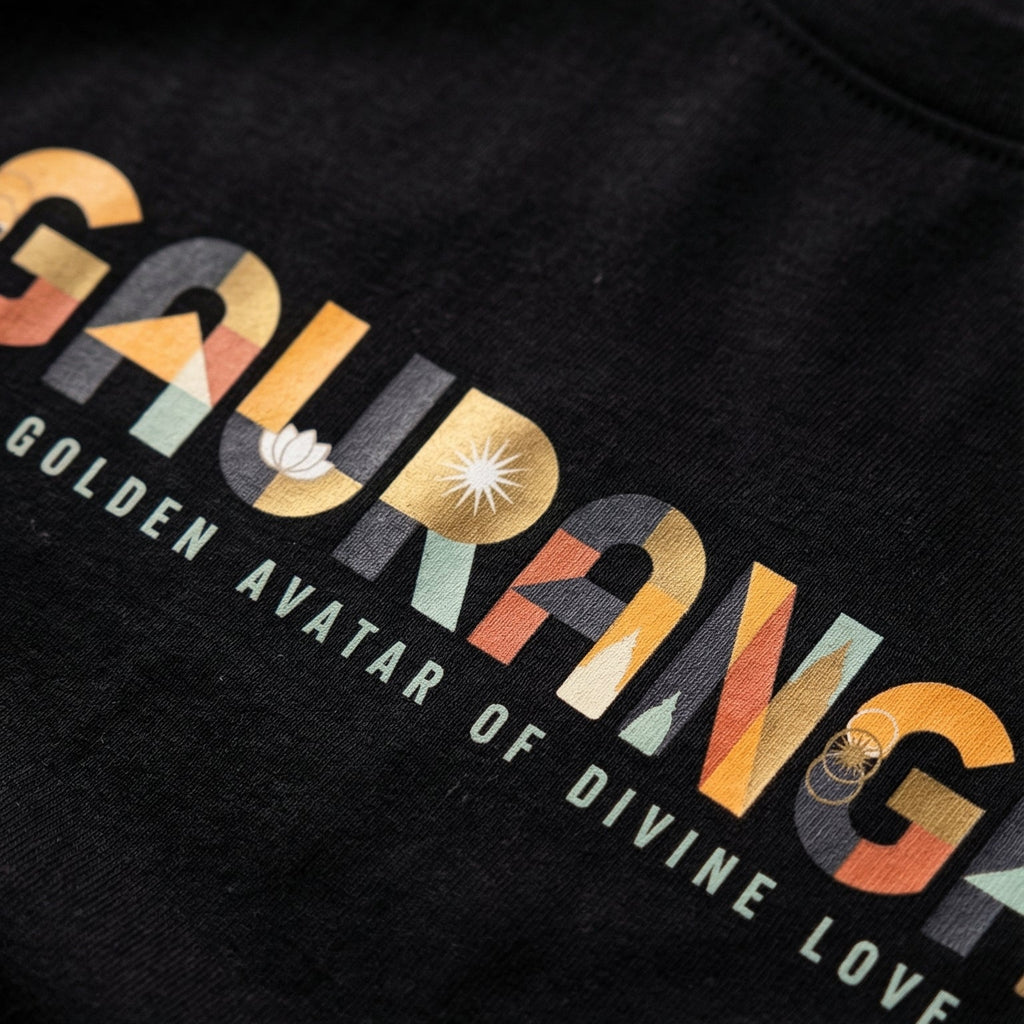 Black t-shirt with colorful 'Gaurang' text design on a dark background