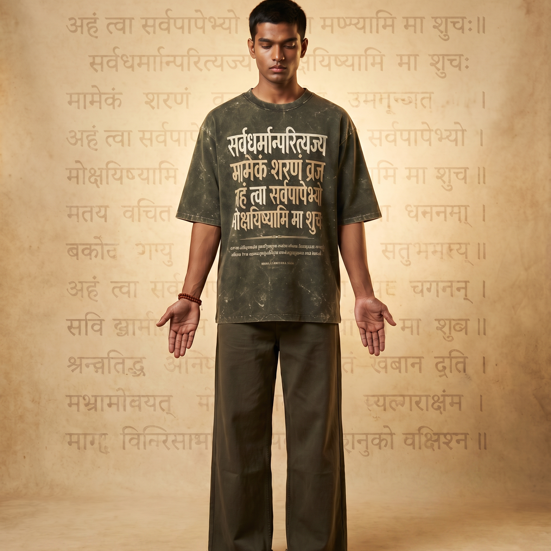 Man wearing a t-shirt with text against a background with similar text